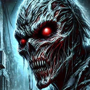 Portrait crop of the creature with glowing eyes and skeletal grin—signature puzzle art.