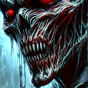 Close-up of sharp teeth and red sinew from Midnight Marauder artwork—high-contrast detail.