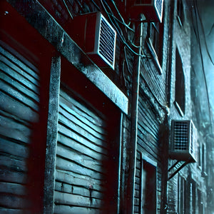 Moody cyberpunk alley with vents and cables—environment scene used in puzzle artwork.
