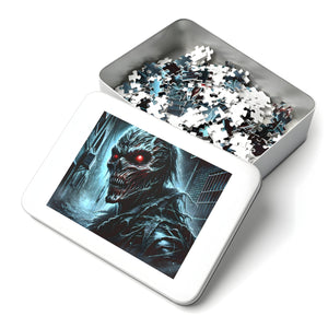 Tin box with Midnight Marauder jigsaw puzzle pieces and cover art—premium gift packaging.