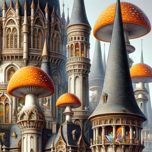 Cluster of mushrooms and cone roofs surrounding the central keep—intricate area.