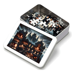 Puzzle pieces in premium metal tin with cathedral art on lid.