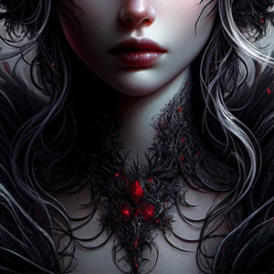 Obsidian feathers and red accents detail from gothic fantasy portrait puzzle