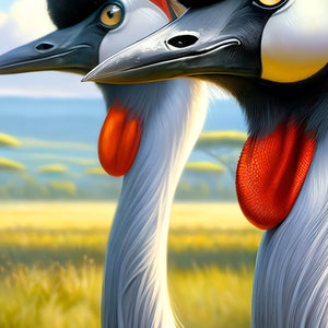 Pair of African crowned cranes in profile on the savanna—bird jigsaw scene