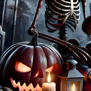 Close-up glowing pumpkins and candles from haunted graveyard puzzle