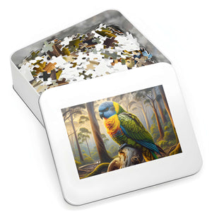 Parrot puzzle pieces in reusable gift tin with cover image.