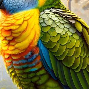 Bright yellow and orange chest feathers—color gradients for puzzling.