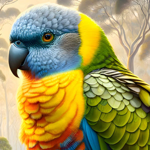Rainbow parrot portrait against misty forest background.