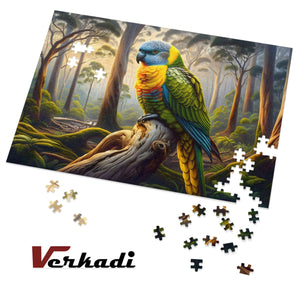 1000-piece parrot puzzle in progress with scattered pieces.