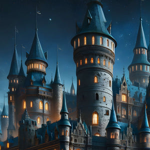 Round towers and main keep silhouetted under a twilight sky.