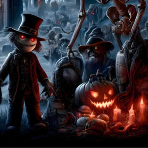 Creepy scarecrow figure and pumpkins detail from gothic jigsaw puzzle