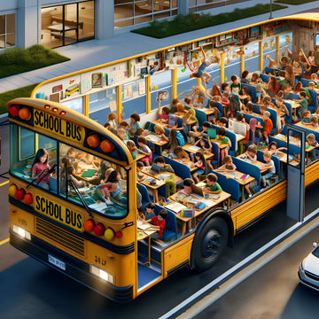 School bus classroom chaos jigsaw puzzle artwork with busy cutaway scene.