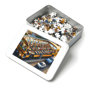 Puzzle gift tin showing school bus classroom chaos image and loose pieces.