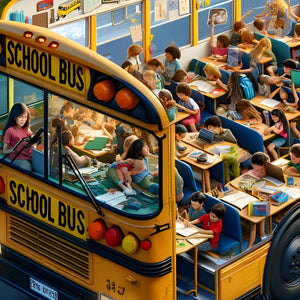 Closeup of front of school bus with students studying at desks.