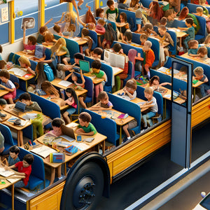 Middle rows of the bus with kids’ reading, drawing, and using laptops.