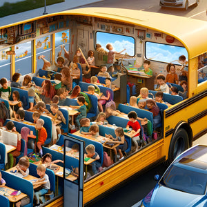 Rear cockpit view with driver and students in bright classroom bus.