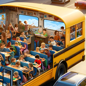 Back corner of school bus puzzle showing smiling kids and blue sky.
