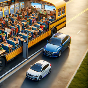 School bus on city road with cars, part of classroom chaos puzzle art.
