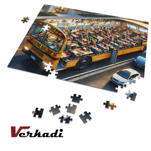 Partially assembled school bus classroom jigsaw with loose pieces.