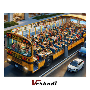 Completed school bus classroom chaos jigsaw puzzle on white background.