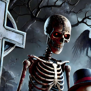 Red-eyed skeleton and dark gothic details from Halloween jigsaw puzzle