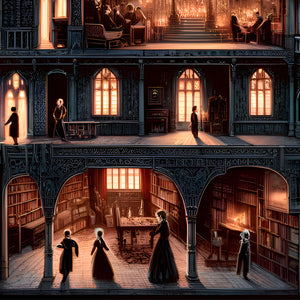 Cutaway rooms, stairs, and candlelit windows—intricate puzzle section.