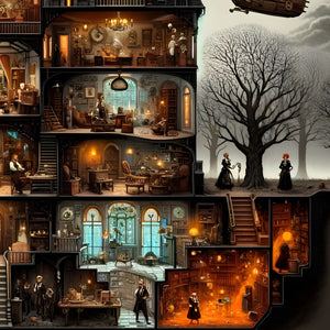 Right wing rooms, leafless tree and airship accents in steampunk style