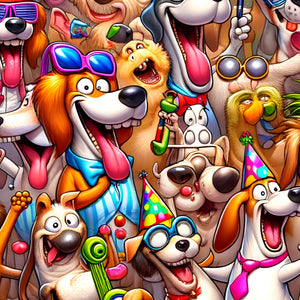 Dogs wearing sunglasses and blowing party horns—bright mid-scene crop.