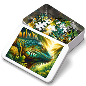 Gift-ready metal tin with The Iguana’s Gaze rainforest iguana puzzle pieces