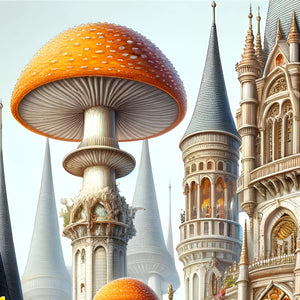 Oversized toadstool rising next to slender gothic spires—high-resolution crop.