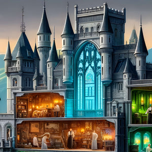 Moonlit tower spires and rooflines of the gothic fortress puzzle art