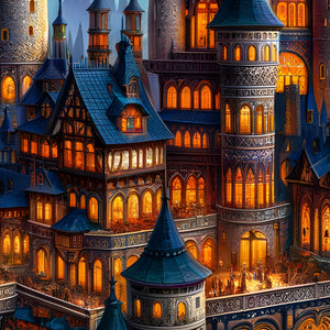 Tudor-style wing and round tower with ornate stone patterns.