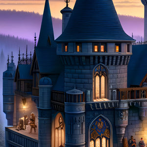 Castle turrets and glowing windows against a sunset sky—gothic architecture puzzle