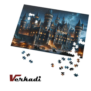 Partially completed castle puzzle with scattered interlocking pieces.
