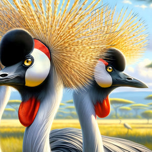 Portrait of two crowned cranes with radiant golden crowns—wildlife illustration