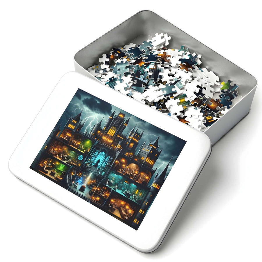 Gothic Alchemist Castle 1000-piece adult puzzle featuring dark fantasy castle under lightning.