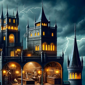 Gothic castle towers glowing with golden lights during stormy night in adult fantasy puzzle.