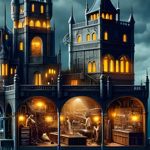 Close-up of alchemist laboratories with glowing lights and scientific instruments in gothic castle puzzle.