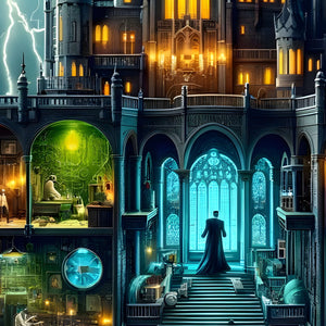 Central, blue-lit hall with cloaked alchemist figure in the Gothic Alchemist Castle 1000-piece puzzle.