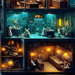 Glowing green alchemy chamber with vials and potions inside dark fantasy castle puzzle.