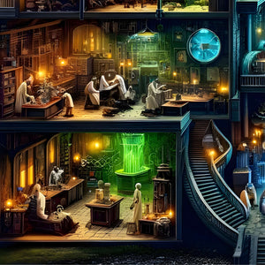 Illuminated orange tower laboratory from the Gothic Alchemist Castle adult puzzle by Verkadi.