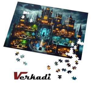 Scattered puzzle pieces showing gothic and glowing colors from the Alchemist Castle artwork.
