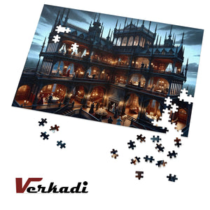 Finished puzzle with scattered pieces and Verkadi logo