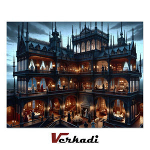 Completed Victorian Gothic mansion jigsaw puzzle ready for framing