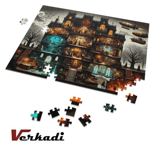 Haunted manor puzzle in progress with scattered pieces on table