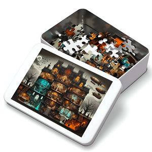 Giftable tin box with Victorian haunted manor puzzle artwork and pieces