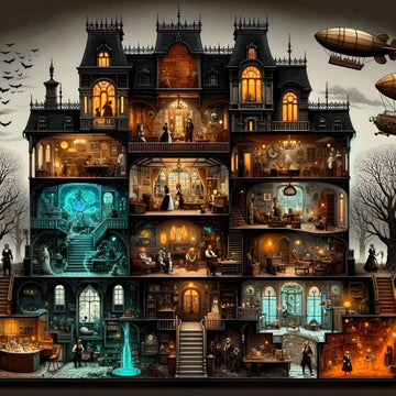 Victorian steampunk haunted mansion cutaway with zeppelins and moon