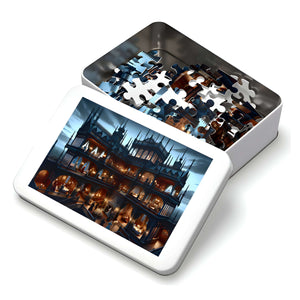 Puzzle pieces in a white collector tin with Victorian mansion artwork on lid