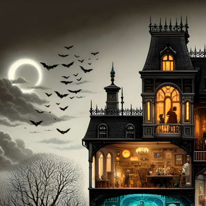 Bats circling moon above ornate Victorian rooftop of haunted house