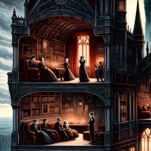 Victorian rooms and balconies with warm interior light—challenging area.